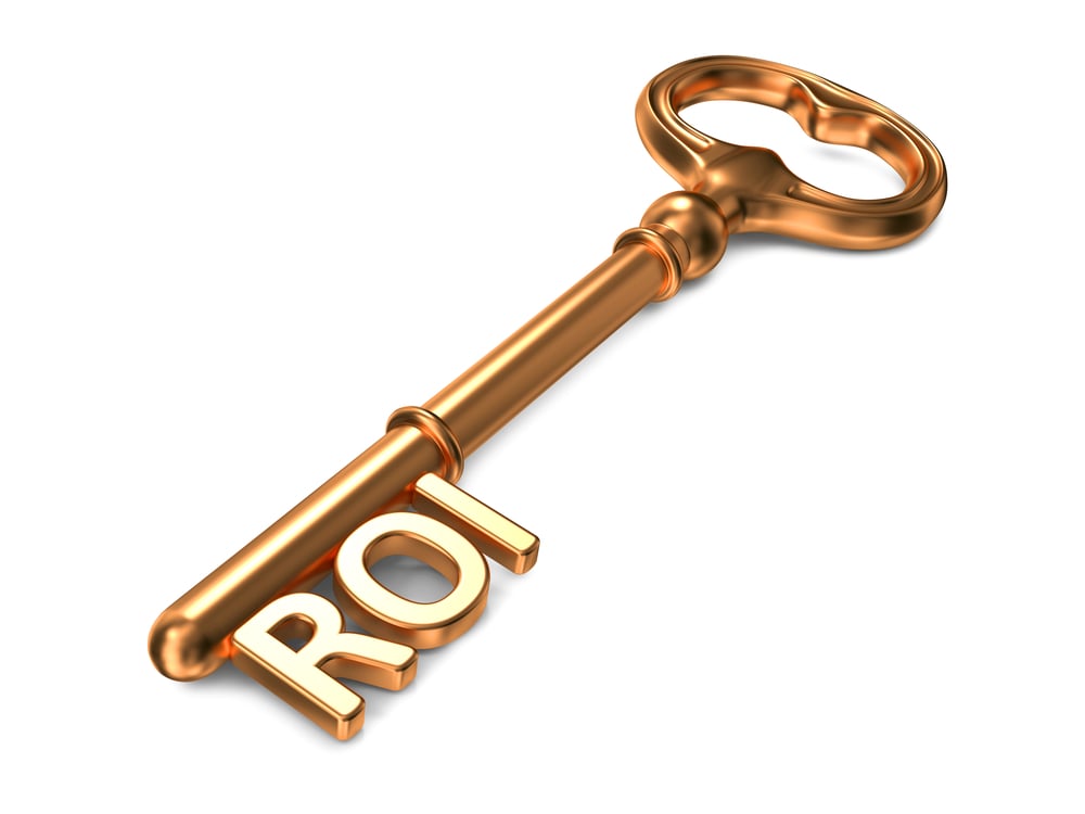 ROI - Golden Key on White Background. 3D Render. Business Concept. ROI - Golden Key on White Background. 3D Render. Business Concept.